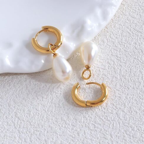 Natural Freshwater Pearl Lever Back Earring for Women 18k Real Gold Plated Huggie Hoop Earring Natural Gemstone Pearl Bead Drop Jewelry Christmas Gift for Wife Girlfriend Daughter in Kuwait
