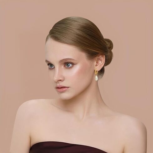 Natural Freshwater Pearl Lever Back Earring for Women 18k Real Gold Plated Huggie Hoop Earring Natural Gemstone Pearl Bead Drop Jewelry Christmas Gift for Wife Girlfriend Daughter in Kuwait