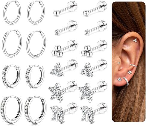 Sanfenly Small Gold Silver Hoop Stud Earrings for Women Flat Back Earrings Hypoallergenic Surgical Stainless Steel Earrings for Sensitive Ears Flatback Huggie Cartilage Earrings Butterfly Flower Ear Piercing Earrings Set in Saudi Arabia