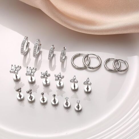 Sanfenly Small Gold Silver Hoop Stud Earrings for Women Flat Back Earrings Hypoallergenic Surgical Stainless Steel Earrings for Sensitive Ears Flatback Huggie Cartilage Earrings Butterfly Flower Ear Piercing Earrings Set in Saudi Arabia