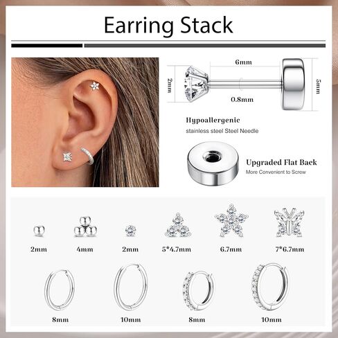 Sanfenly Small Gold Silver Hoop Stud Earrings for Women Flat Back Earrings Hypoallergenic Surgical Stainless Steel Earrings for Sensitive Ears Flatback Huggie Cartilage Earrings Butterfly Flower Ear Piercing Earrings Set in Saudi Arabia
