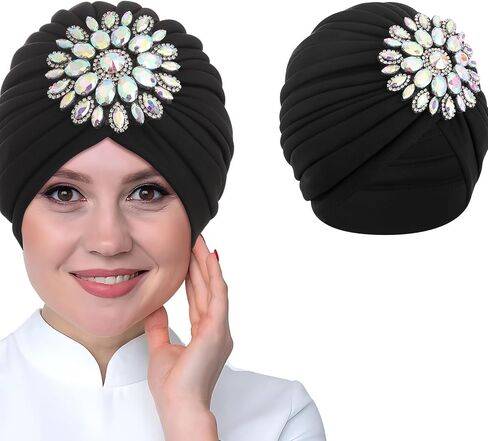 Bohend Rhinestone Turban Hat for Women Stretch Headwarp Pre Tied Head Cover Bonnet Muslim Crysta Pleated Headscarf Hat in Saudi Arabia