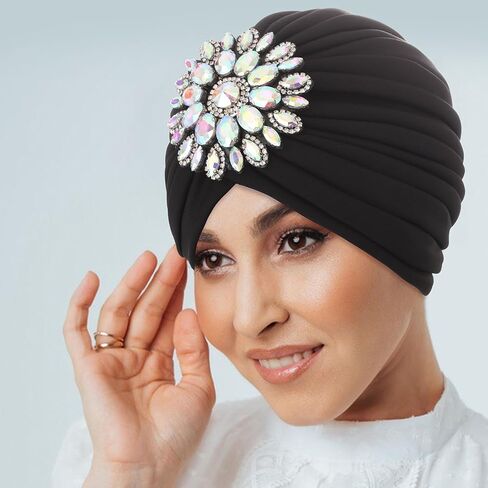 Bohend Rhinestone Turban Hat for Women Stretch Headwarp Pre Tied Head Cover Bonnet Muslim Crysta Pleated Headscarf Hat in Saudi Arabia