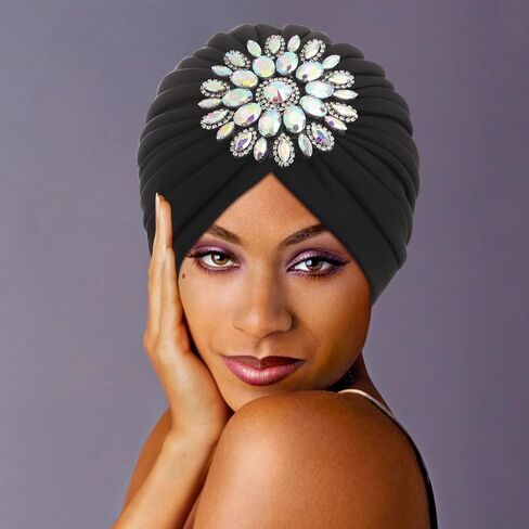 Bohend Rhinestone Turban Hat for Women Stretch Headwarp Pre Tied Head Cover Bonnet Muslim Crysta Pleated Headscarf Hat in Saudi Arabia