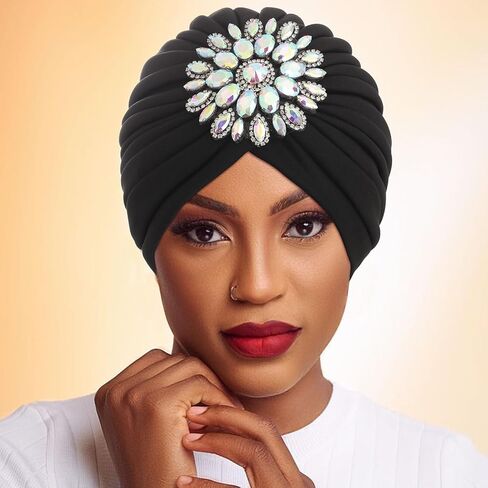 Bohend Rhinestone Turban Hat for Women Stretch Headwarp Pre Tied Head Cover Bonnet Muslim Crysta Pleated Headscarf Hat in Saudi Arabia