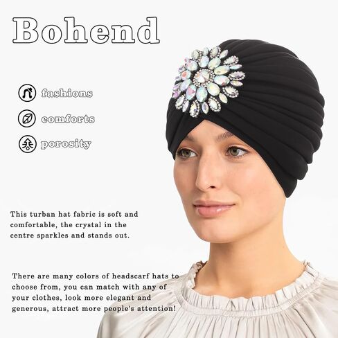 Bohend Rhinestone Turban Hat for Women Stretch Headwarp Pre Tied Head Cover Bonnet Muslim Crysta Pleated Headscarf Hat in Saudi Arabia