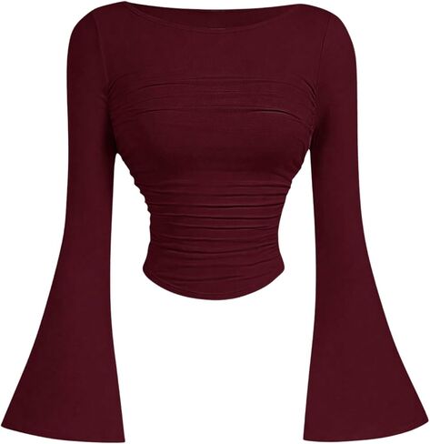 Floerns Women's Casual Bell Long Sleeve T Shirts Ruched Asymmetrical Hem Tee Shirts in Saudi Arabia