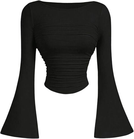 Floerns Women's Casual Bell Long Sleeve T Shirts Ruched Asymmetrical Hem Tee Shirts in Saudi Arabia