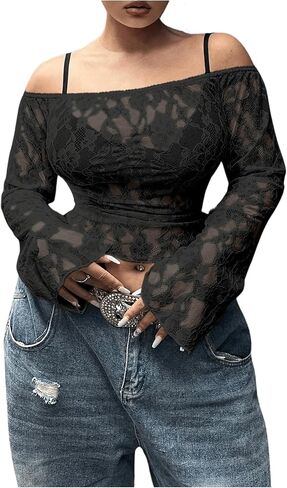 Floerns Women's Plus Size Off Shoulder Bell Long Sleeve Ruched Sheer Lace Tee Shirts Crop Tops in Saudi Arabia