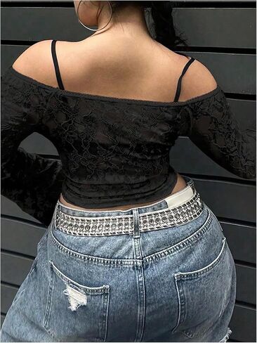 Floerns Women's Plus Size Off Shoulder Bell Long Sleeve Ruched Sheer Lace Tee Shirts Crop Tops in Saudi Arabia