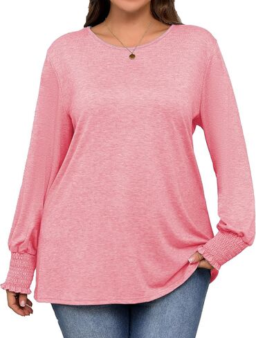 Plus Size Long Sleeve Shirts Womens Trendy Ribbed Sleeve Tshirts Loose Fit Casual Tops in Saudi Arabia