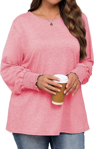 Plus Size Long Sleeve Shirts Womens Trendy Ribbed Sleeve Tshirts Loose Fit Casual Tops in Saudi Arabia