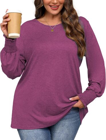 Plus Size Long Sleeve Shirts Womens Trendy Ribbed Sleeve Tshirts Loose Fit Casual Tops in Saudi Arabia