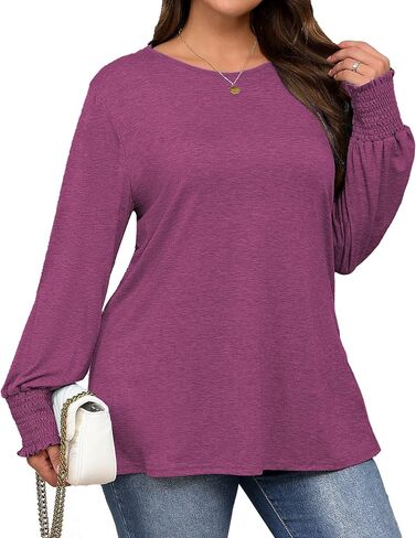 Plus Size Long Sleeve Shirts Womens Trendy Ribbed Sleeve Tshirts Loose Fit Casual Tops in Saudi Arabia