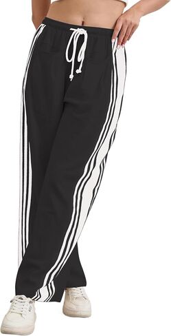 Hudson Canyon Striped Pants for Women Wide Leg Drawstring Waist High Rise Pant Baggy Casual Sweatpants with Pockets in Saudi Arabia