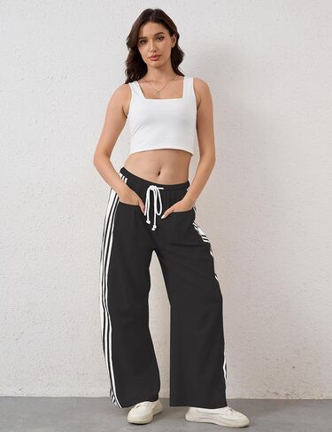 Hudson Canyon Striped Pants for Women Wide Leg Drawstring Waist High Rise Pant Baggy Casual Sweatpants with Pockets in Saudi Arabia