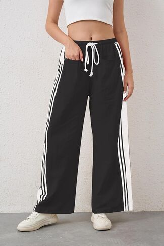 Hudson Canyon Striped Pants for Women Wide Leg Drawstring Waist High Rise Pant Baggy Casual Sweatpants with Pockets in Saudi Arabia