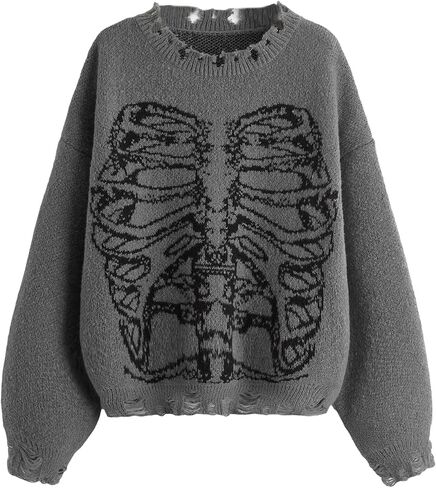 SHENHE Women's Oversized Skeleton Pattern Ripped Round Neck Sweater Pullover in Saudi Arabia