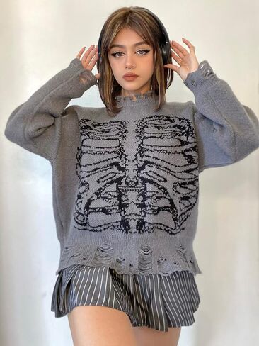 SHENHE Women's Oversized Skeleton Pattern Ripped Round Neck Sweater Pullover in Saudi Arabia