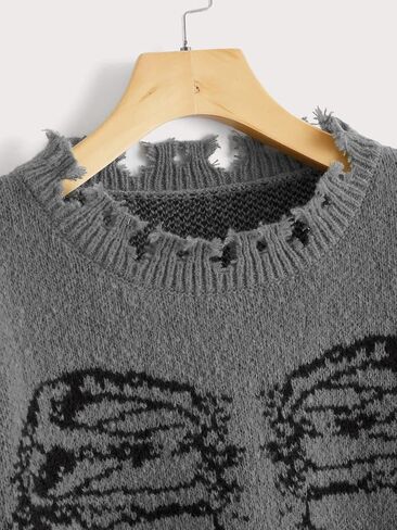 SHENHE Women's Oversized Skeleton Pattern Ripped Round Neck Sweater Pullover in Saudi Arabia