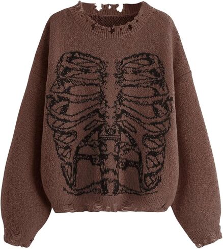 SHENHE Women's Oversized Skeleton Pattern Ripped Round Neck Sweater Pullover in Saudi Arabia
