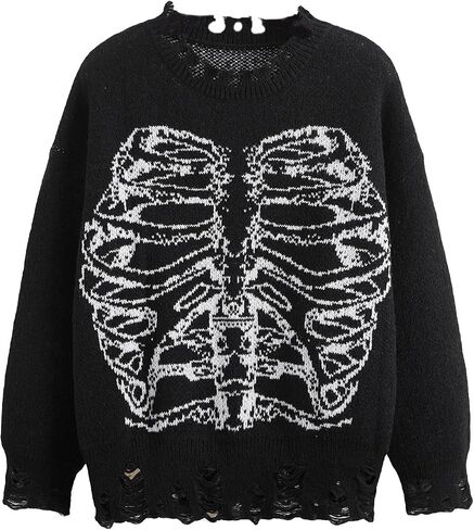 SHENHE Women's Oversized Skeleton Pattern Ripped Round Neck Sweater Pullover in Saudi Arabia