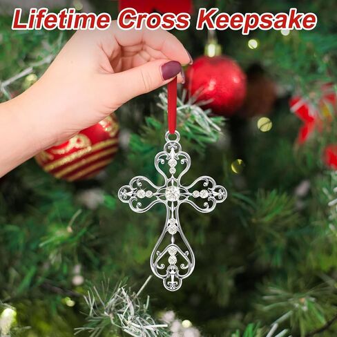 Christmas Christian Cross Ornaments for Christmas Tree Hanging Decorations 2024, Metal Religious Christian Gifts for Women, Men (Silver with Gift Box) in Kuwait