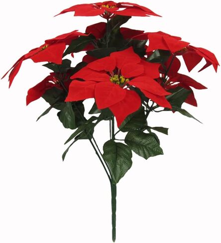 Htmeing 1PCS 7 Head Red Poinsettia Decorative Artificial Christmas Flowers Fake Plants Indoor Home Decor for Christmas Tree in Kuwait