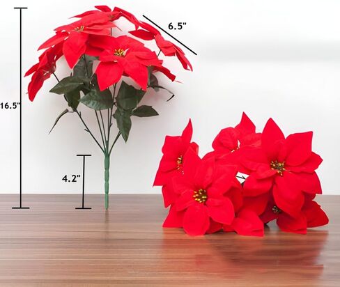 Htmeing 1PCS 7 Head Red Poinsettia Decorative Artificial Christmas Flowers Fake Plants Indoor Home Decor for Christmas Tree in Kuwait