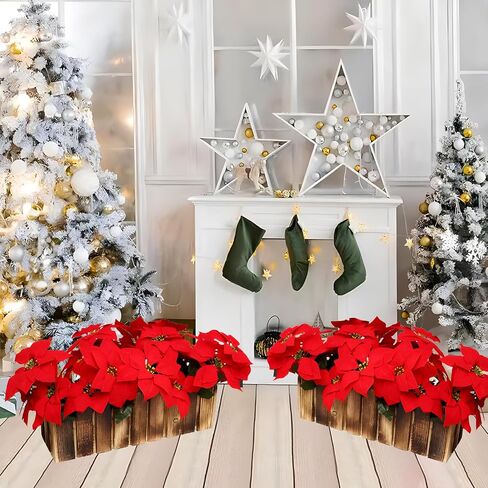 Htmeing 1PCS 7 Head Red Poinsettia Decorative Artificial Christmas Flowers Fake Plants Indoor Home Decor for Christmas Tree in Kuwait