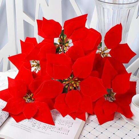 Htmeing 1PCS 7 Head Red Poinsettia Decorative Artificial Christmas Flowers Fake Plants Indoor Home Decor for Christmas Tree in Kuwait