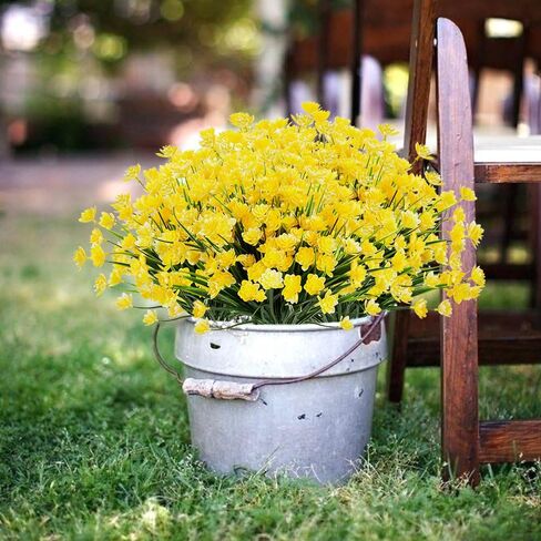 Artificial Daffodils Fake Large Flowers, 4 Bundles Yellow UV Resistant Faux Greenery Foliage Plants Shrubs for Garden, Wedding, Outside Hanging Planter, Farmhouse Indoor Outdoor Decor in Saudi Arabia