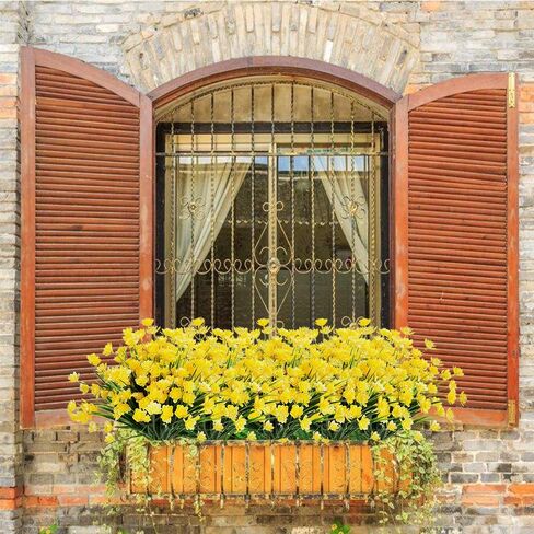 Artificial Daffodils Fake Large Flowers, 4 Bundles Yellow UV Resistant Faux Greenery Foliage Plants Shrubs for Garden, Wedding, Outside Hanging Planter, Farmhouse Indoor Outdoor Decor in Saudi Arabia