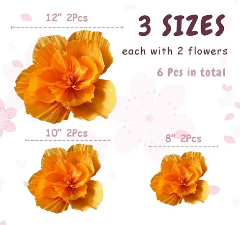 Orange Paper Flowers Decorations for Wall, Tissue Paper Flowers 3D Flowers Wall Décor for Bridal Shower Photo Backdrop Wedding Birthday Room Decor, 2 Pieces Each of 12", 10", and 8" in Saudi Arabia