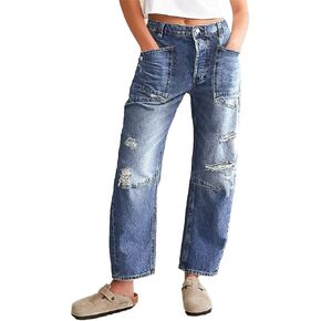 Flamingals Barrel Jeans for Women Ripped High Rise Crop Jeans Distressed Wide Leg Jeans Boyfriend Jeans