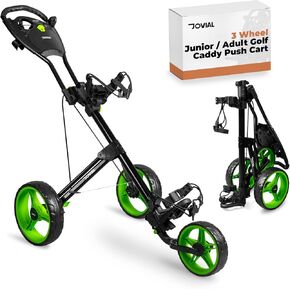 3 Wheel Collapsible Junior Golf Cart, Upper and Lower Brackets with Elastic Strap, Simple Quick Braking System, Golf Trolley Accessories, with New Deluxe Scorecard Holder and Bag Holder