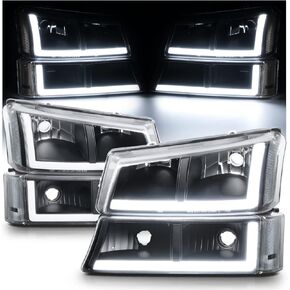 M-AUTO L+R Headlights Assembly w/LED DRL Daylight Strip Compatible with 03-04 Chevy Silverado 2500, 03-06 Silverado 1500 1500HD 2500HD 3500/Avalanche 1500 2500