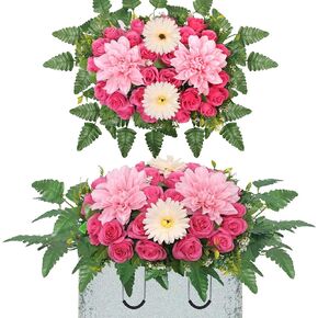 Lodou Artificial Cemetery Flower Saddles,Headstone Flower Saddle,Silks Artificial Cemetery Flowers for Outdoor Cemetery Headstones Memorial Decorations (red)