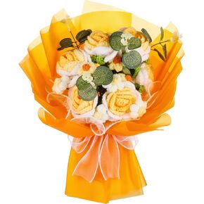 VAIPI Crochet Flower Bouquet Knitted Flowers Bouquets Orange Crochet Roses Hand Woven Eternal Flower Birthday Gifts for Women, Valentines Gift for Her, Forever Flower for Valentines, Mothers, Birthday