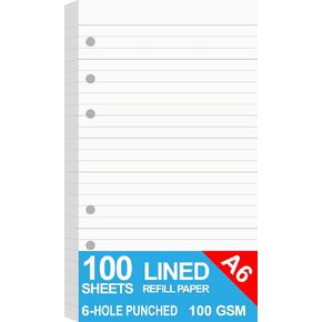200 Sheets A6 Lined Paper for Filofax Personal Binder Planner, White 100gsm Ruled Pages, 6 Hole Punched, 3.75 x 6.75 Inch