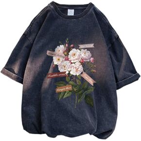 Mens Flower Print Tshirt Vintage Tees Streetwear Short Sleeve Tops