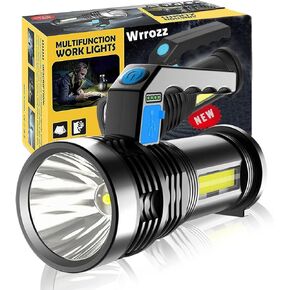 مصباح يدوي Wrrozz LED قابل لإعادة الشحن عبر USB، ضوء تكتيكي عالي اللومن مع ضوء جانبي، 4X LED، قابل للتكبير، مصابيح يدوية فائقة السطوع، شعلة محمولة للتخييم في الهواء الطلق، فانوس طوارئ