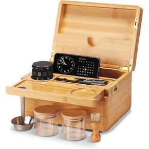 Premium Stash Box - Extra Large Bamboo Storage Box with Combination Lock, Upgraded Tray Kit and All Accessories Ideal for Home Storage and Great Gift (Natural)