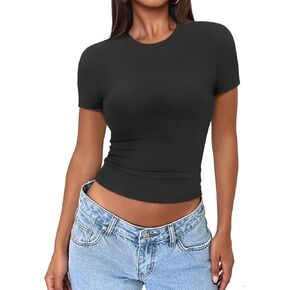 ATHMILE Womens Basic T-Shirts Going Out Crop Tops Tight Slim Fit Cute Teen Girls Short Sleeve/Long Sleeve Y2k Clothes