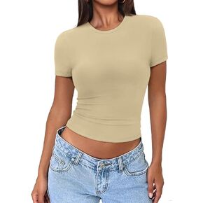 ATHMILE Womens Basic T-Shirts Going Out Crop Tops Tight Slim Fit Cute Teen Girls Short Sleeve/Long Sleeve Y2k Clothes