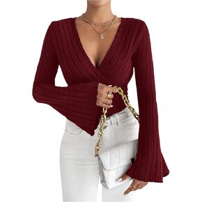 GORGLITTER Women's Wrap Bell Long Sleeve T Shirt Deep V Neck Ribbed Knit Tee Tops