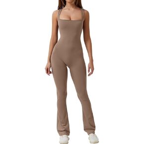 QINSEN Black Jumpsuit for Women Sleeveless Sexy Suqare Neck Stretch Flare Leggings Romper Unitard