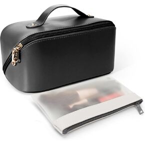 Ranslen Large Capacity PU Leather Travel Makeup Bag, Opening Cosmetic Bags, Waterproof Portable Toiletry Bag with Dividers and Handle, Cosmetic Organizer for Women Girls(Black)