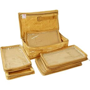 Set of 4 Satin Makeup Pouches Cosmetic Necklace Earrings Vanity Jewellery Organizer For Women's (Golden)