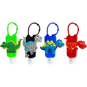 4Pcs Cartoon Kids Empty Travel Bottles Hand Sanitizer Holder with Silicone Case Keychain Carrier, Leak Proof Refillable Portable Travel Containers for Liquid Soap, Lotion (Dinosaur)